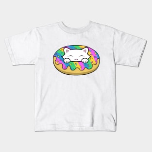 Cute white kitten eating a yummy looking rainbow doughnut with sprinkles on top of it Kids T-Shirt